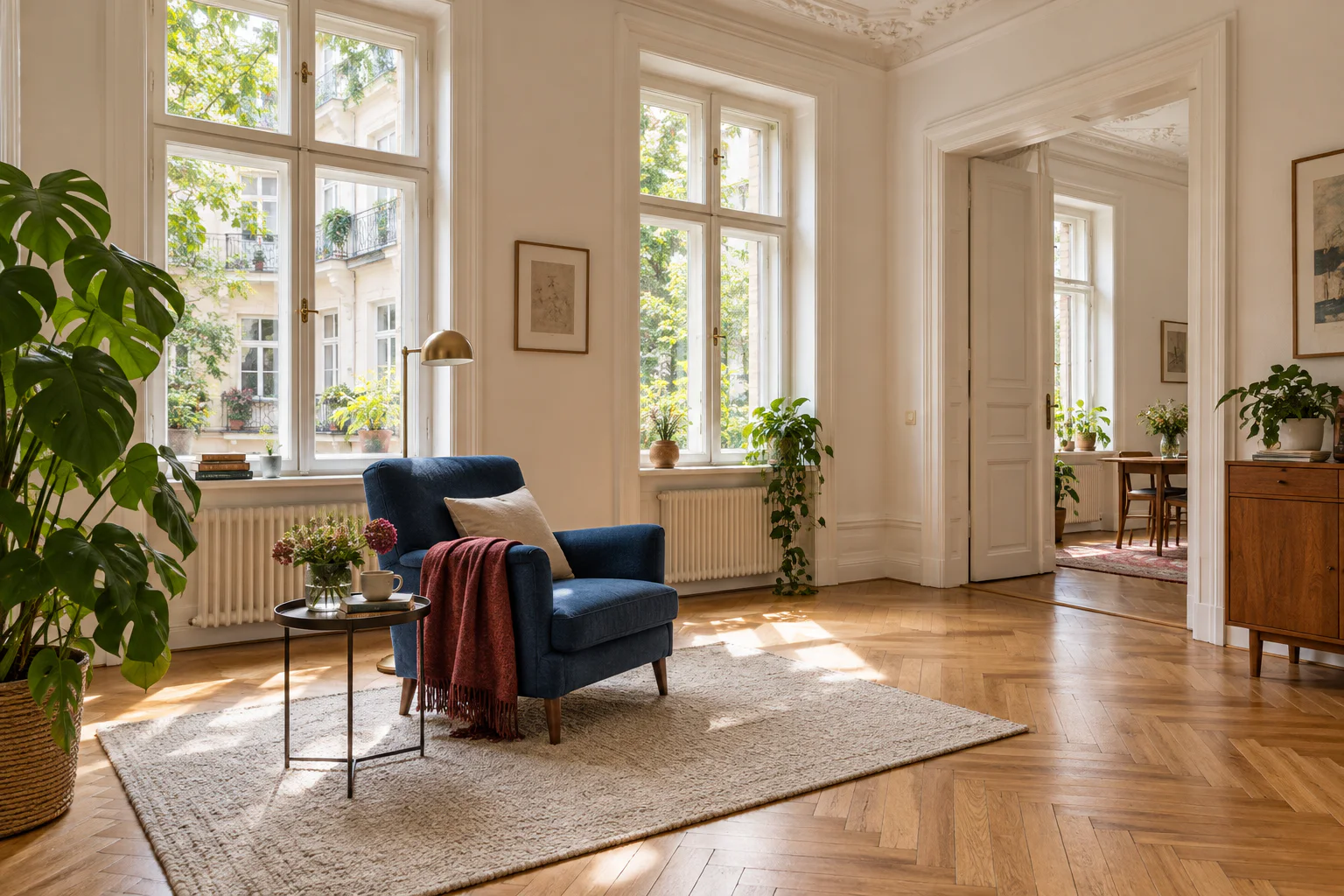 Helles Wiener Altbauzimmer mit hohen Fenstern, Parkett und Blick in einen grünen Innenhof